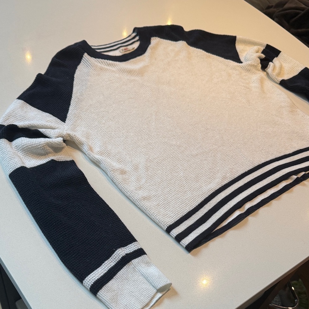 Faherty Throwback Waffle Crew Neck Sweater, Striped, Cotton Cashmere, Size L - Picture 4 of 11